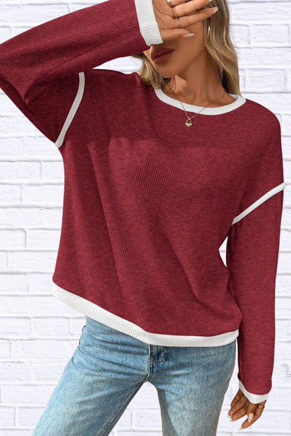 Ribbed Contrast Trim Long Sleeve Top