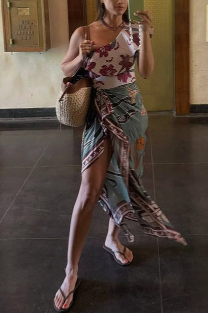 One Shoulder Sleeveless Floral Print One-piece Swimsuit