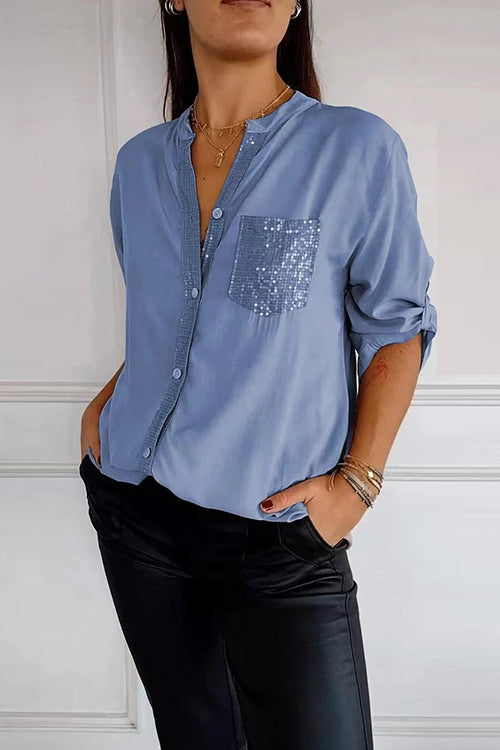 Rosiedress Rolled Up Sleeves Button Down Sequin Splice Blouse Shirt LightBlue