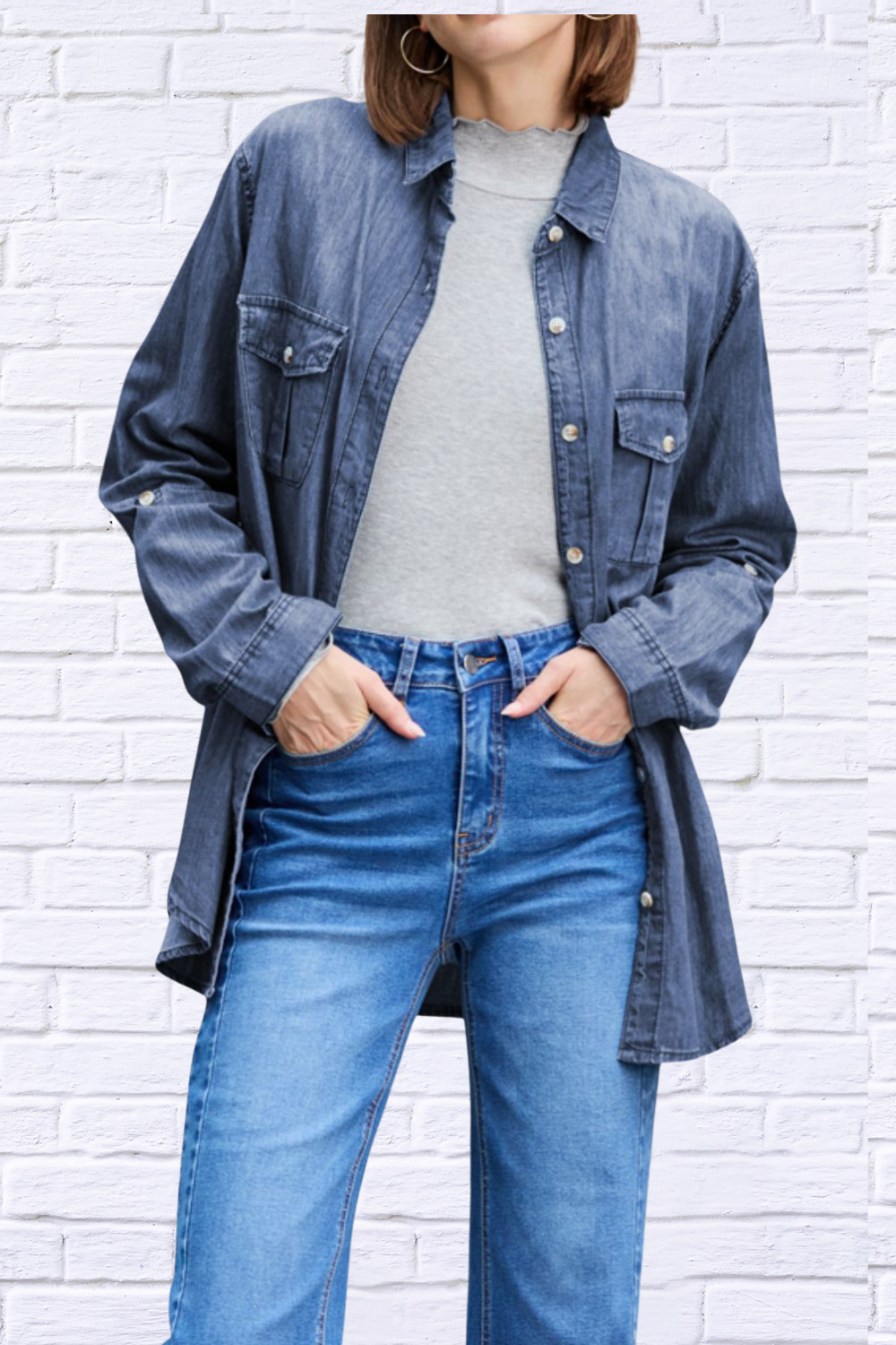 Pocketed Collared Neck Long Sleeve Dandy Denim Top