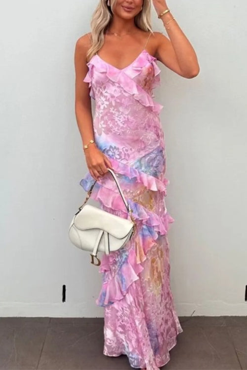 Rosiedress Spaghetti Strap Backless Ruffle Trim Printed Maxi Dress