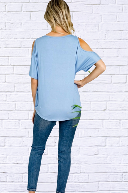 Demetria Cold Shoulder Button Down Tie Top - Plain Pink and Plain Light Blue