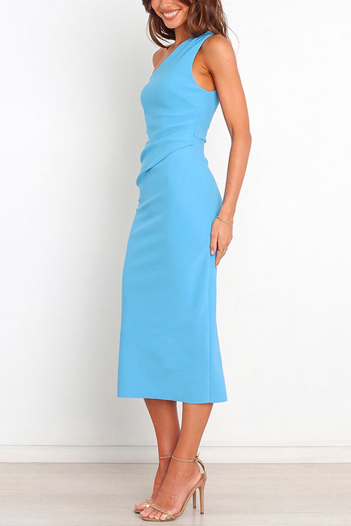 Rosiedress One Shoulder Sleeveless Side Split Ruched Midi Dress