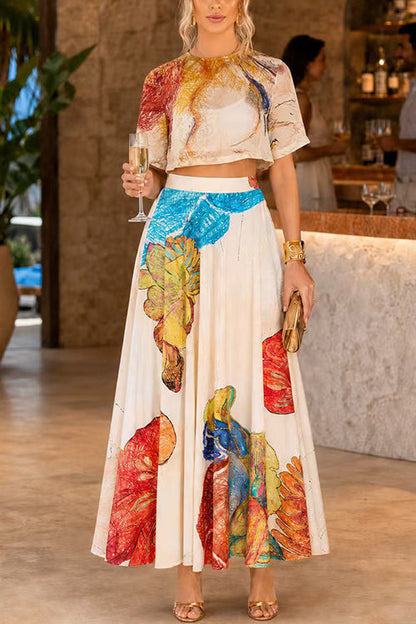 Crewneck Short Sleeves Crop Top High Rise Maxi Skirt Floral Print Set
