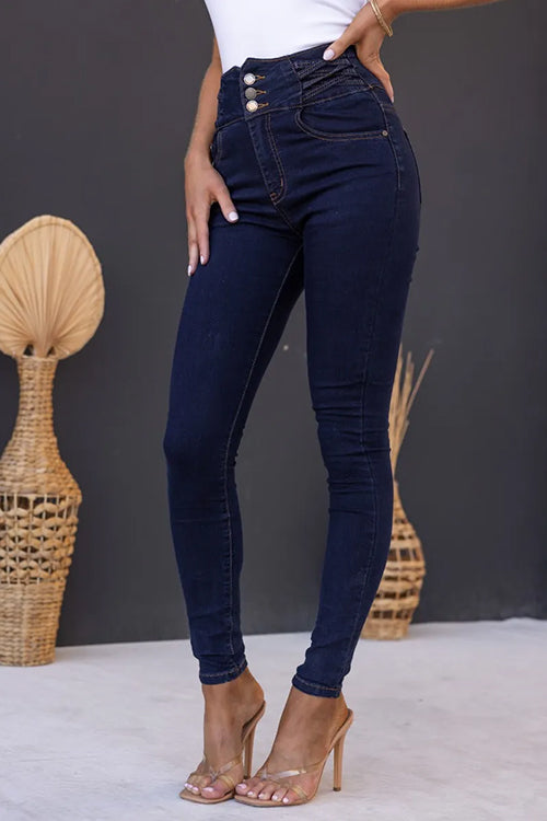 High Rise 3 Buttons Skinny Pencil Jeans