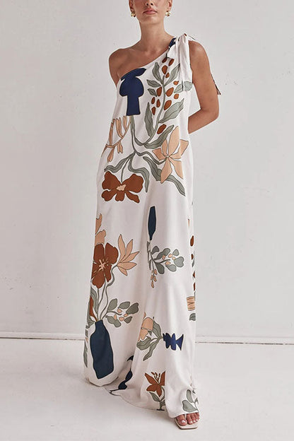 Robe longue à imprimé floral et nœud à une épaule