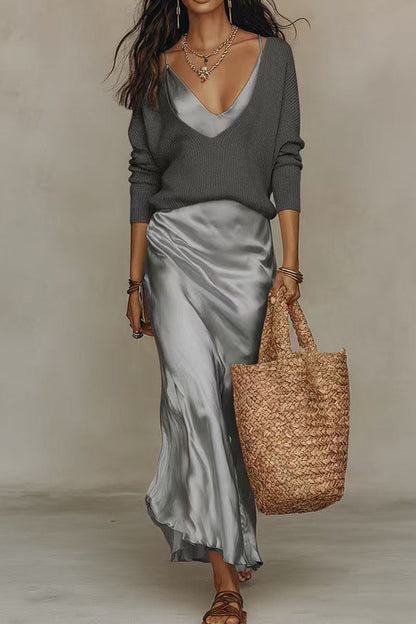 V Neck Drop Shoulder Sweater and Satin Maxi Cami Dress Set