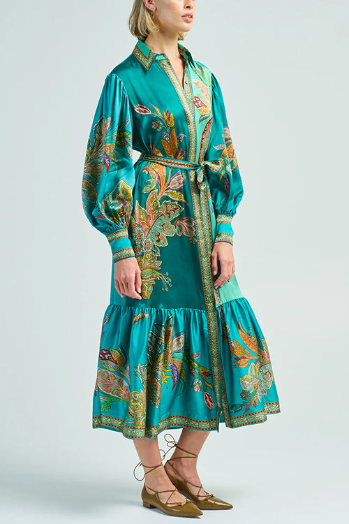 Rosiedress Long Sleeves Tie Waist Unique Print Ruffle Midi Shirt Dress