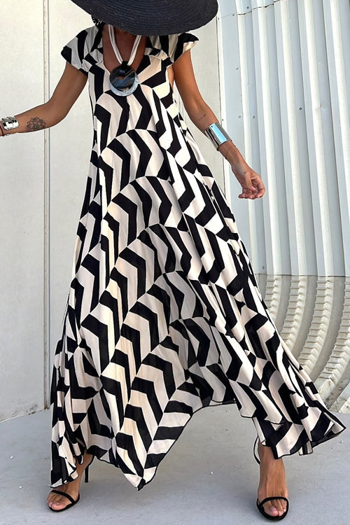 V Neck Cap Sleeves Printed A-line Maxi Vacation Dress Black