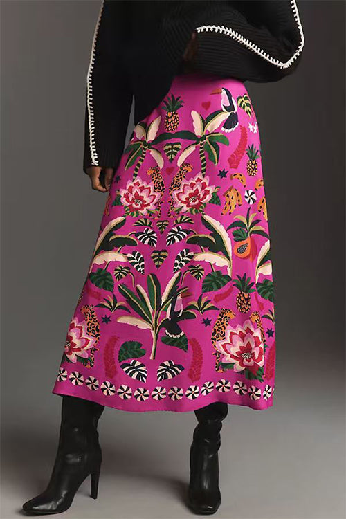 High Rise Tropic Print Midi Skirt