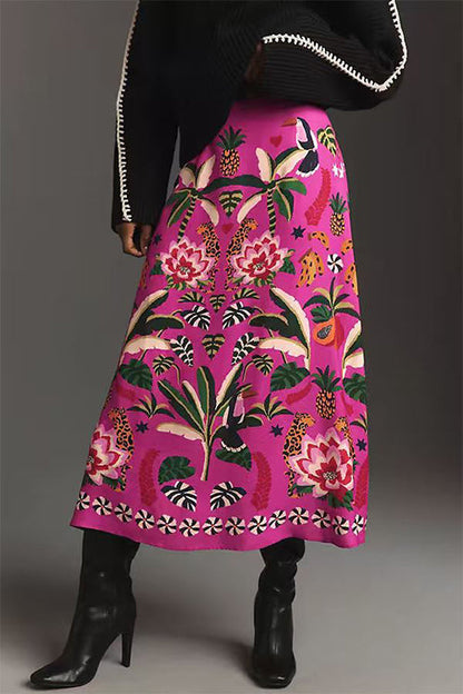 High Rise Tropic Print Midi Skirt