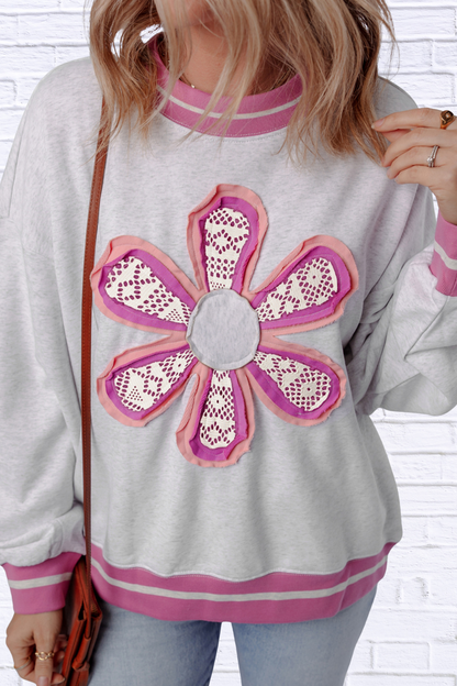 Flower Patch Contrast Trim Crew Neck Sweatshirt