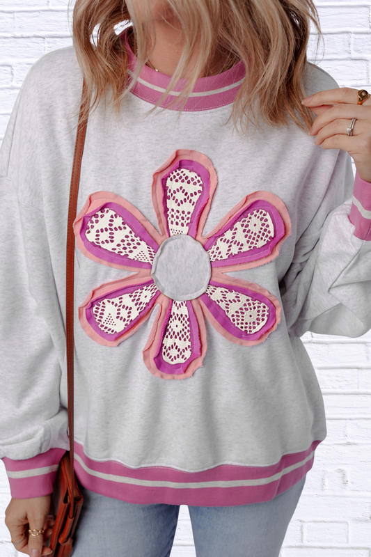 Flower Patch Contrast Trim Crew Neck Sweatshirt