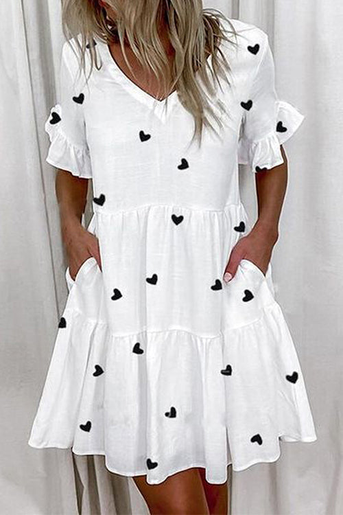 V Neck Ruffle Sleeves Pocketed Swing Mini Dress Heart