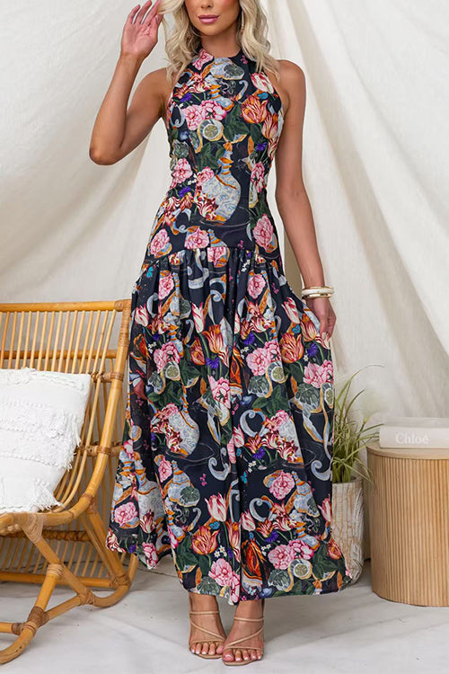 Halter Neck Floral Print Swing Maxi Dress