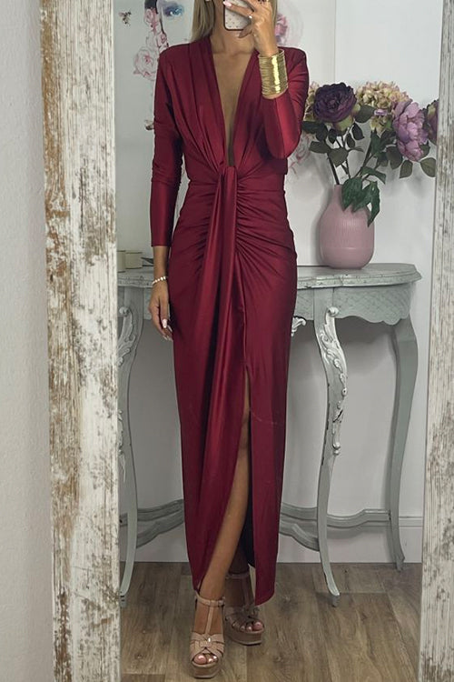 Rosiedress Deep V Neck Ruched Slit Maxi Bodycon Dress