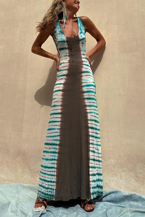 Scoop Neck Back Criss Cross Sleeveless Tie Dye Maxi Dress