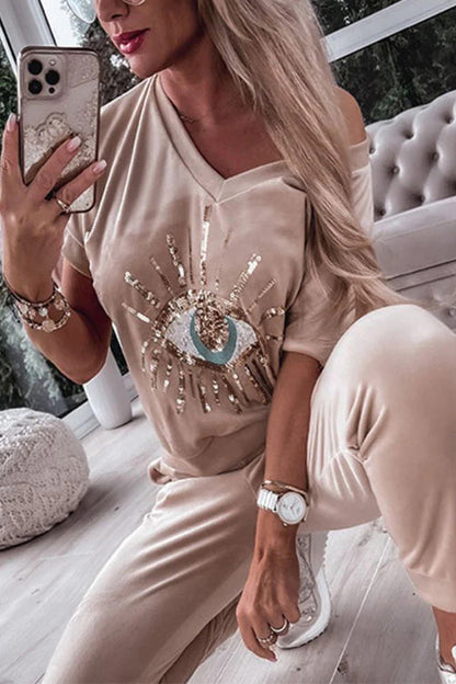 Rosiedress Sequin Pattern V Neck Short Sleeve Top with Pocketed Pants Casual Set