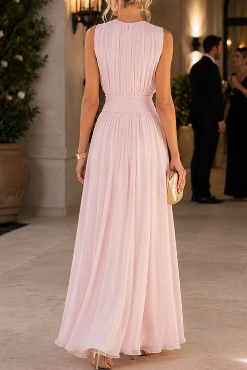 Crewneck Sleeveless Zipper Back Waisted Maxi Dress