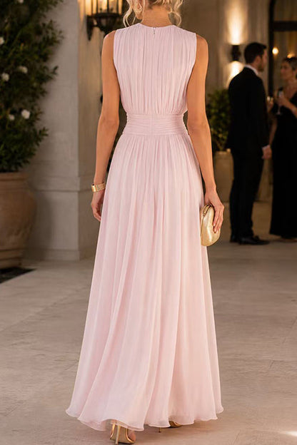 Crewneck Sleeveless Zipper Back Waisted Maxi Dress