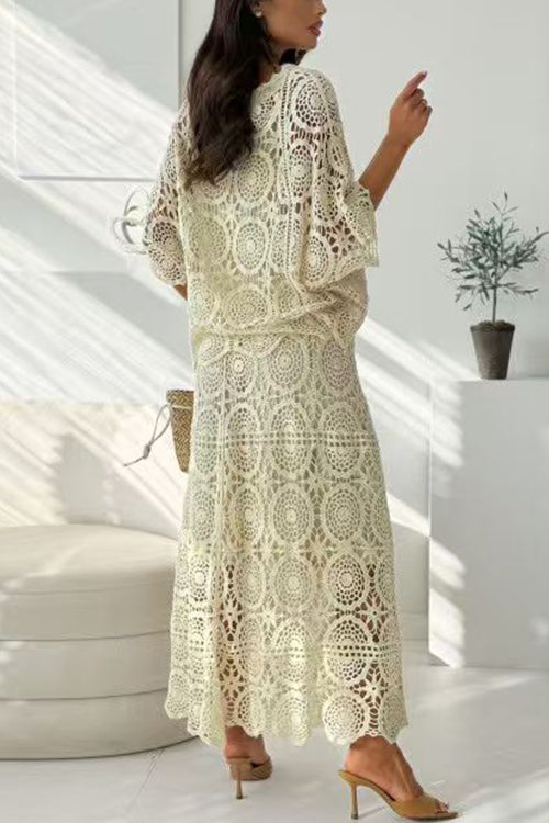 V Neck Half Sleeves Crochet Hollow Out Top