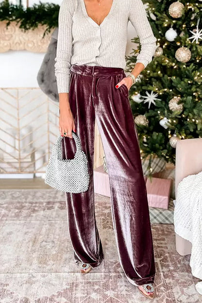 Casual Pocketed Wide Leg Palazzo Velvet Pants Brown