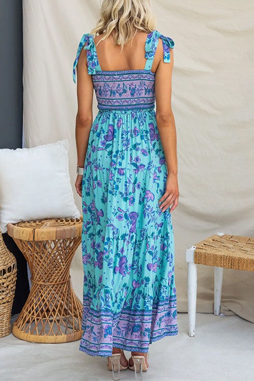 Tie Shoulder Smocked High Waist Tiered Floral Maxi Cami Dress