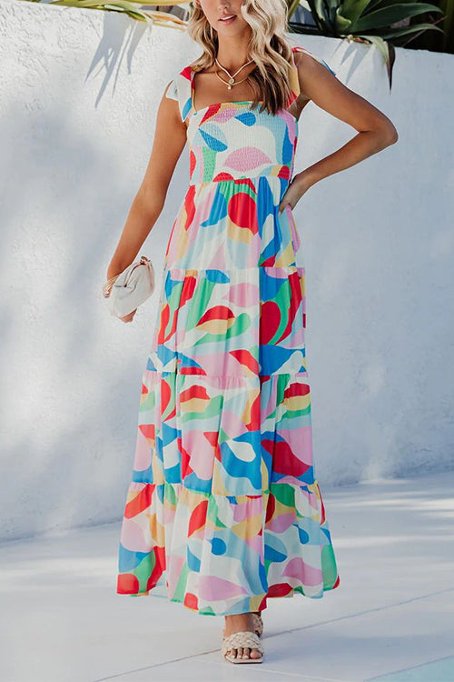 Rosiedress Bow Shoulder Ruffle Tiered Printed Flowy Maxi Cami Dress Print