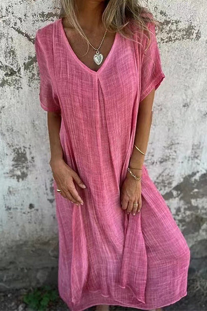 V Neck Loose Fit Cotton Linen Midi Dress Pink