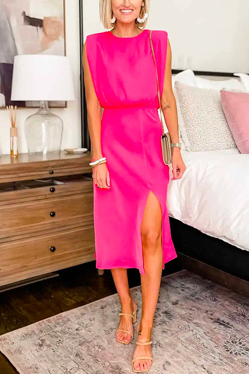 Crewneck Sleeveless Waisted Slit Midi Dress