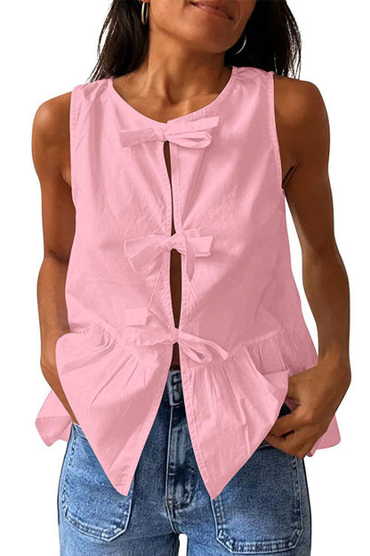 Bow Front Sleeveless Cotton Linen Ruffle Top(in 6 Colors)