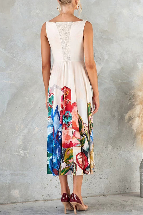 Square Neck Sleeveless Floral Print Midi Dress