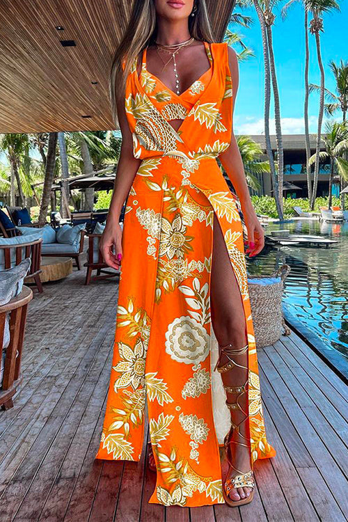 Rosiedress V Neck High Slit Maxi Cover Up Dress with Crop Cami Top Beach Set Gold