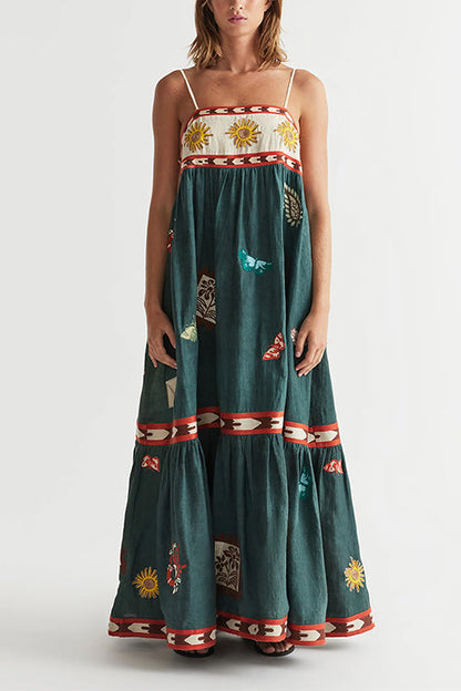 Rosiedress Spaghetti Strap Backless Printed Swing Maxi Sun Dress Green