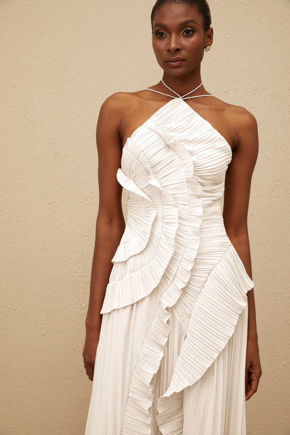 Doux White Ruffled Trim Pleated Midi Dress