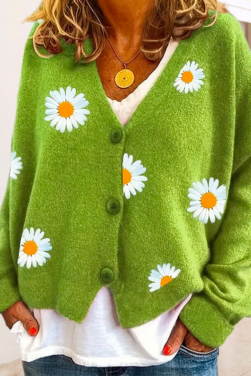 Rosiedress V Neck Button Up Daisy Embroidery Sweater Cardigan Green