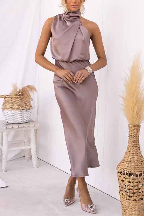 High Neck Sleeveless Waisted Satin Midi Dress