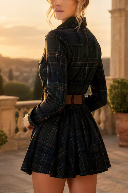 Lapel Long Sleeves Button Up Plaid Mini Dress