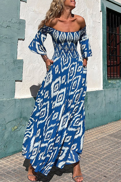 Off Shoulder Bell Sleeves Boho Print Swing Maxi Dress Blue