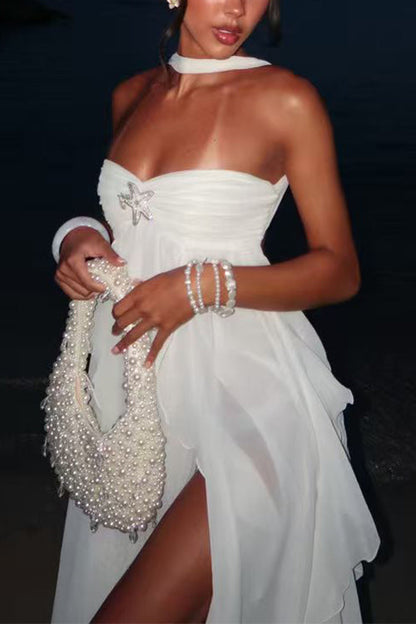 Sleeveless Open Back Ruffle Trim Slit Maxi Dress