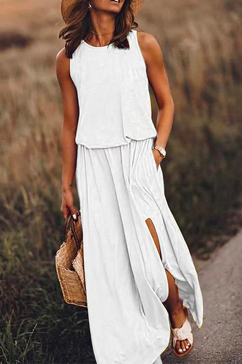 Rosiedress Sleeveless Waisted Slit Maxi Tank Dress White