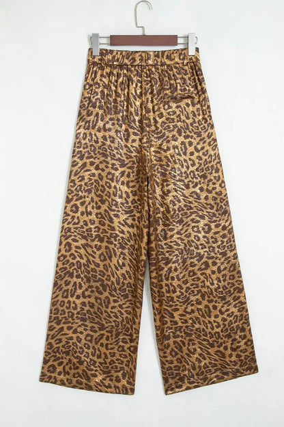 Multicolour Leopard Print Western Style Wide Leg Full Length Pants
