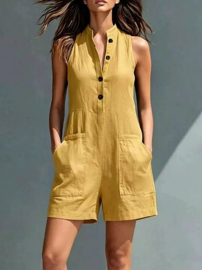 Full Size Sleeveless Button-Front Romper with Pockets Plus Size