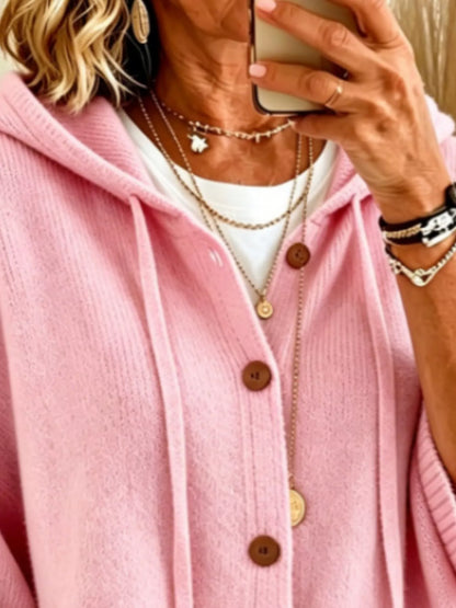 Full Size Casual Hooded Button-Down Knit Cardigan with Pockets Plus Size