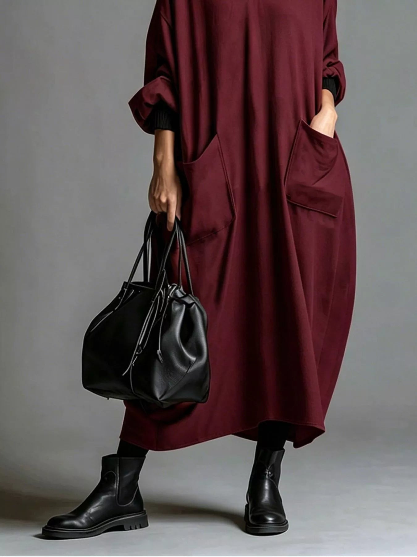 Full Size Loose-Fit Mock Neck Midi Dress with Pockets Plus Size
