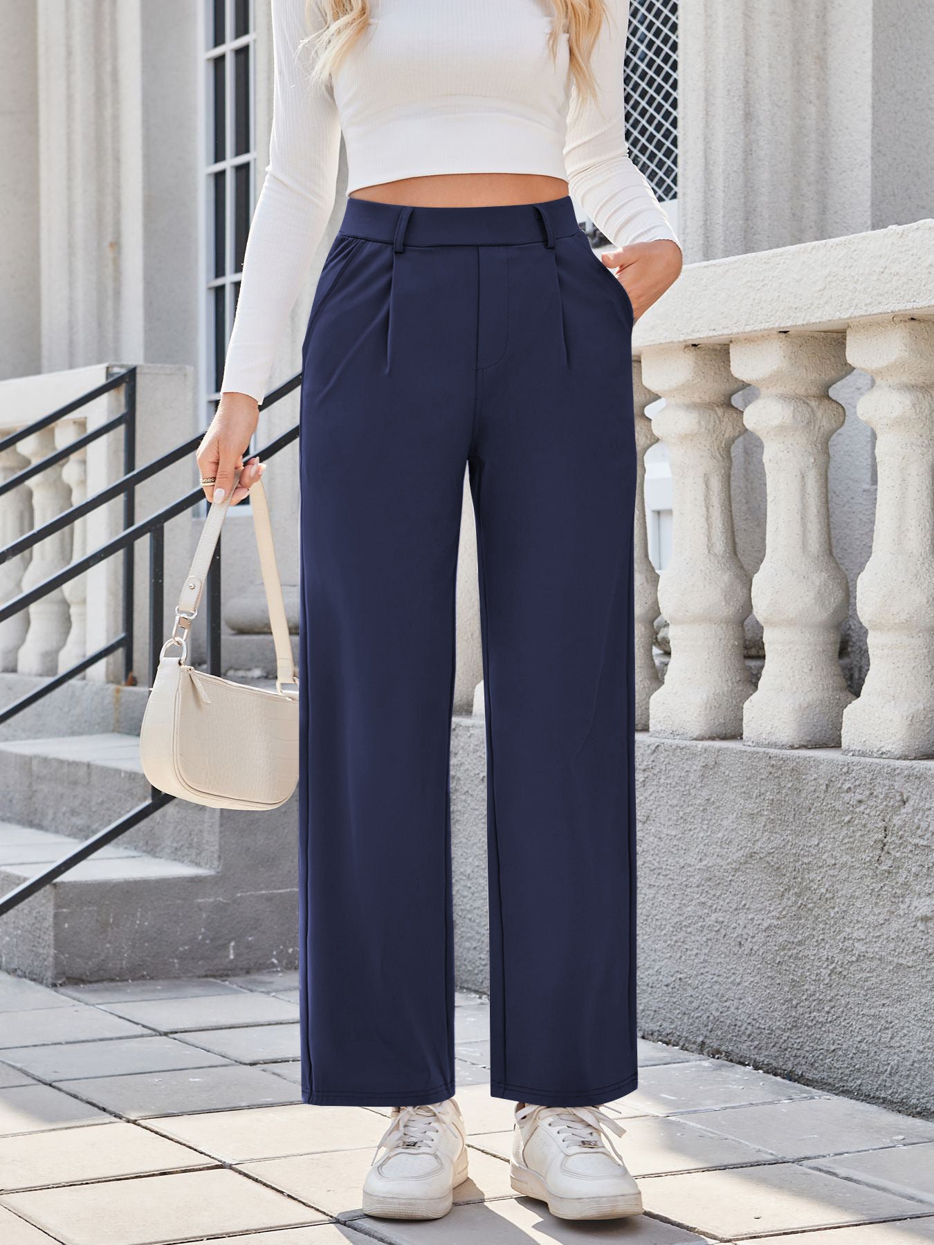 Pantalon de jogging plissé décontracté pour femme, coupe droite, taille haute, facile à laver