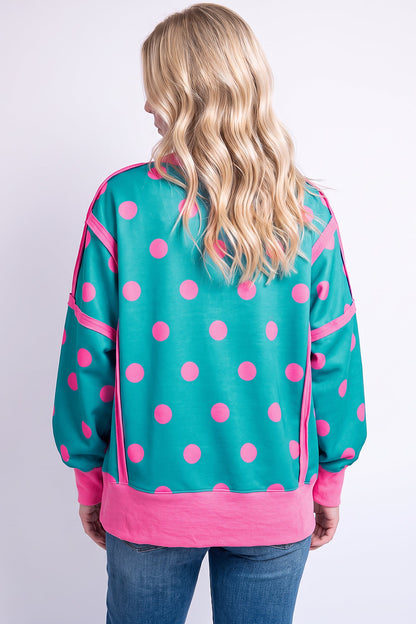 White Polka Dot Contrast Patchwork Round Neck Baggy Sweatshirt