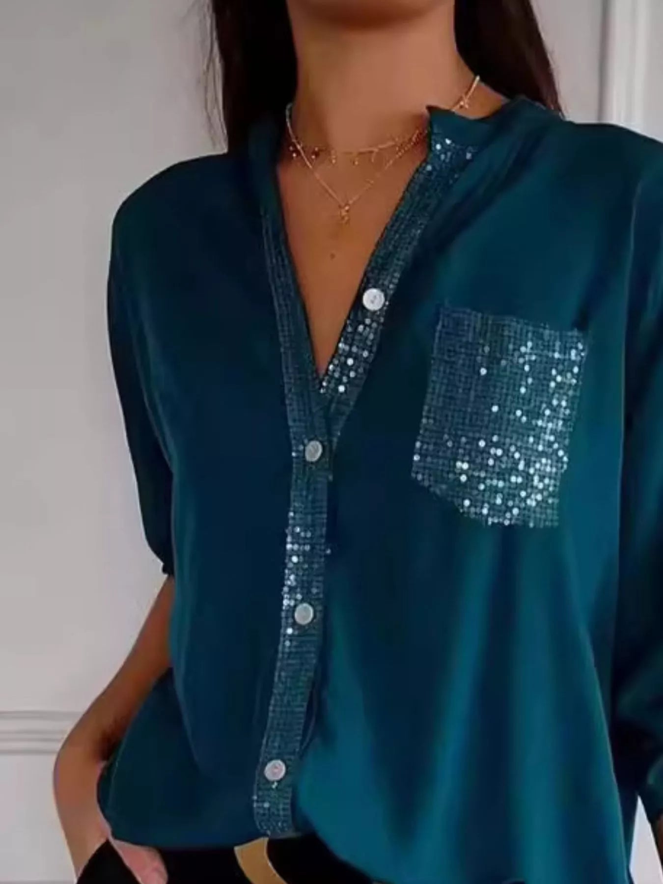 Full Size Sequin Detail Button-Down Shirt Plus Size
