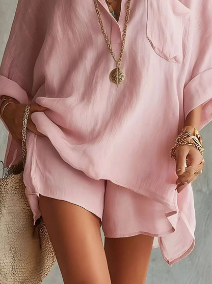 Full Size Oversized Long Sleeve Shirt and Shorts Two-Piece Set Plus Size