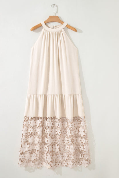 Beige Sheer Hollowed Floral Lace Hem Patchwork Loose Halter Summer Dress